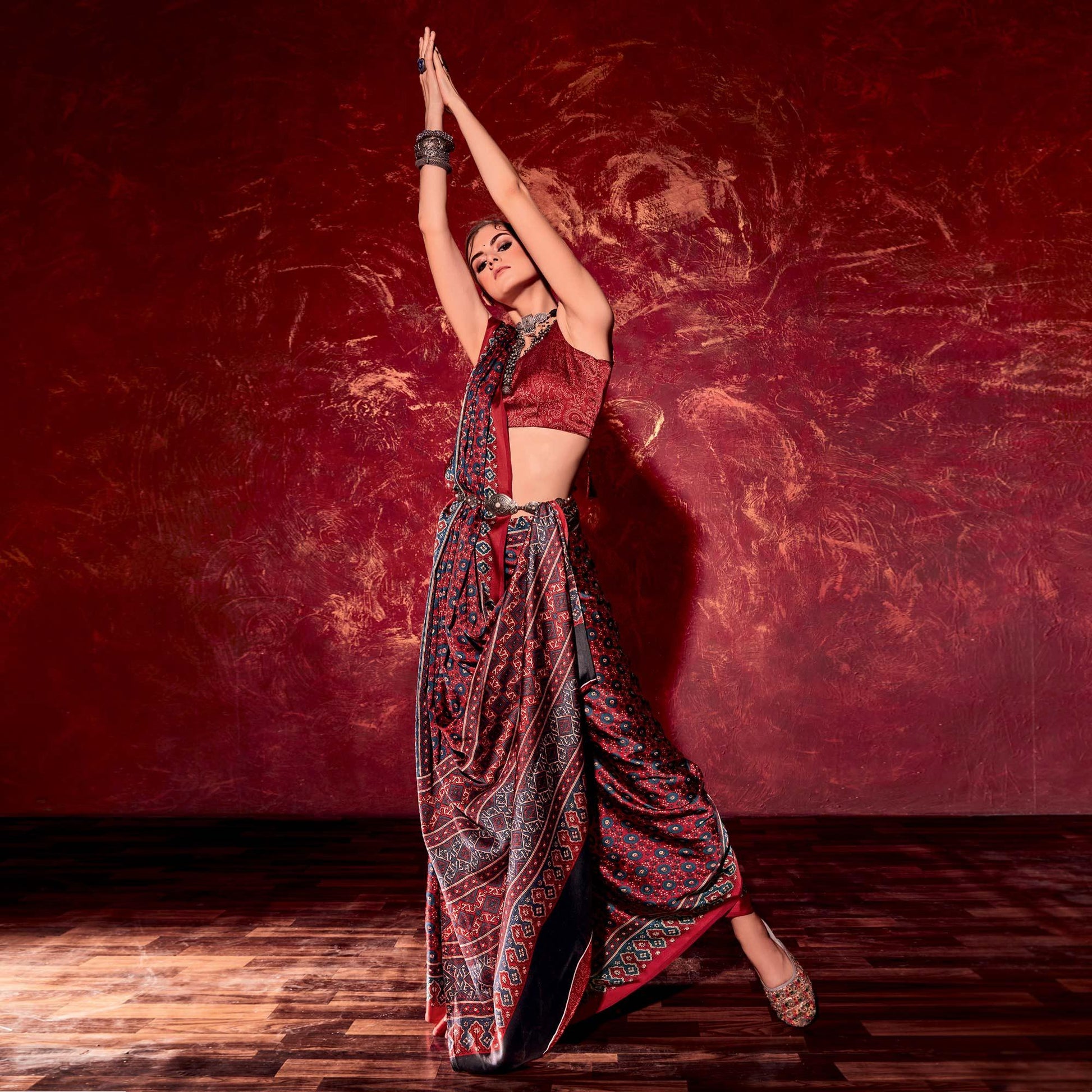 Maroon Printed Satin Saree