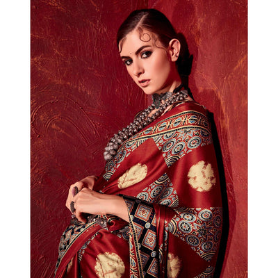 Maroon Printed Satin Saree