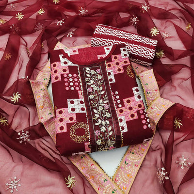 Maroon Printed With Embellished Cotton Blend Dress Material