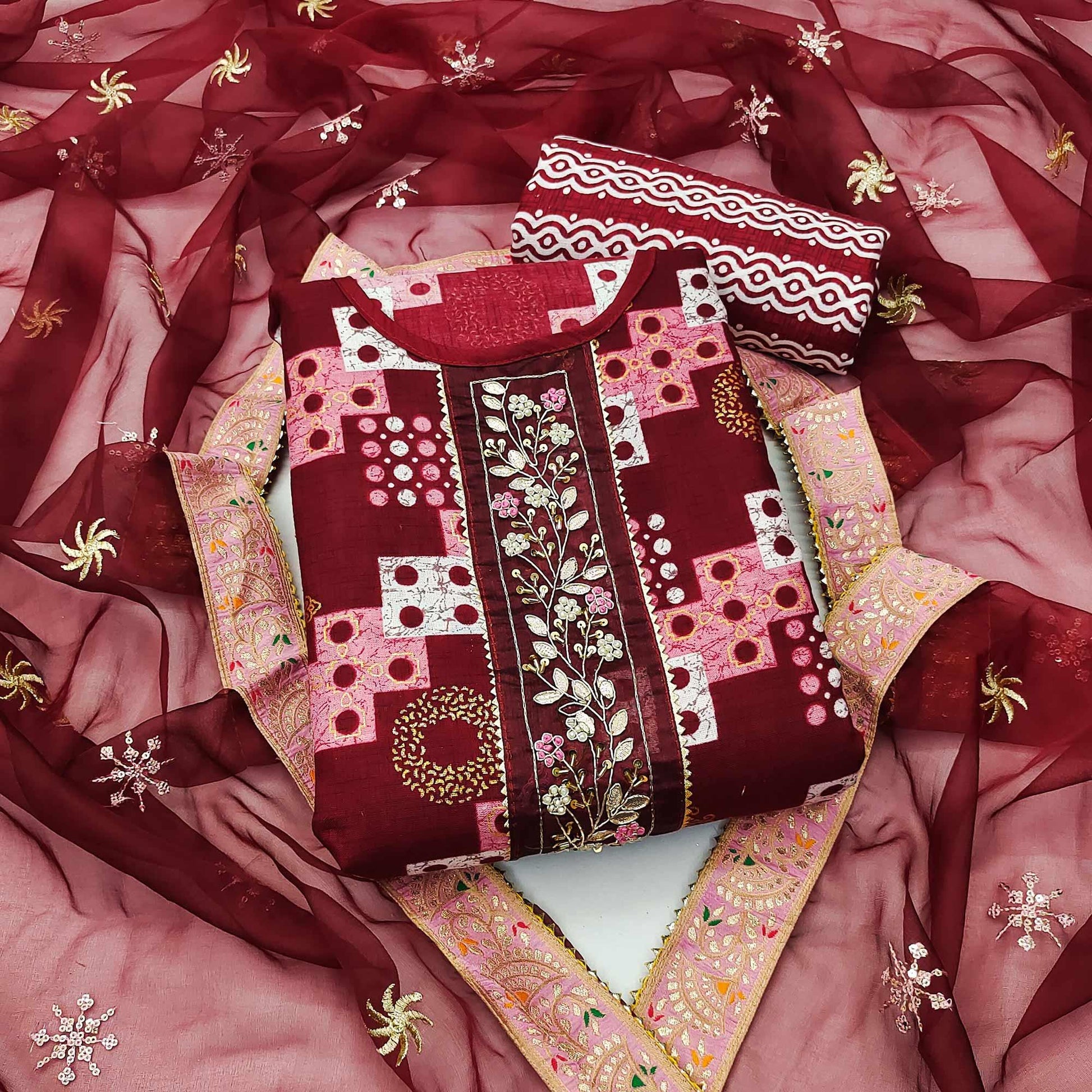 Maroon Printed With Embellished Cotton Blend Dress Material