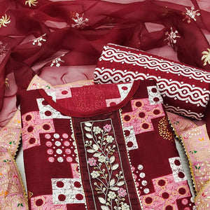 Maroon Printed With Embellished Cotton Blend Dress Material