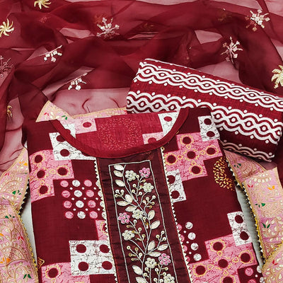Maroon Printed With Embellished Cotton Blend Dress Material