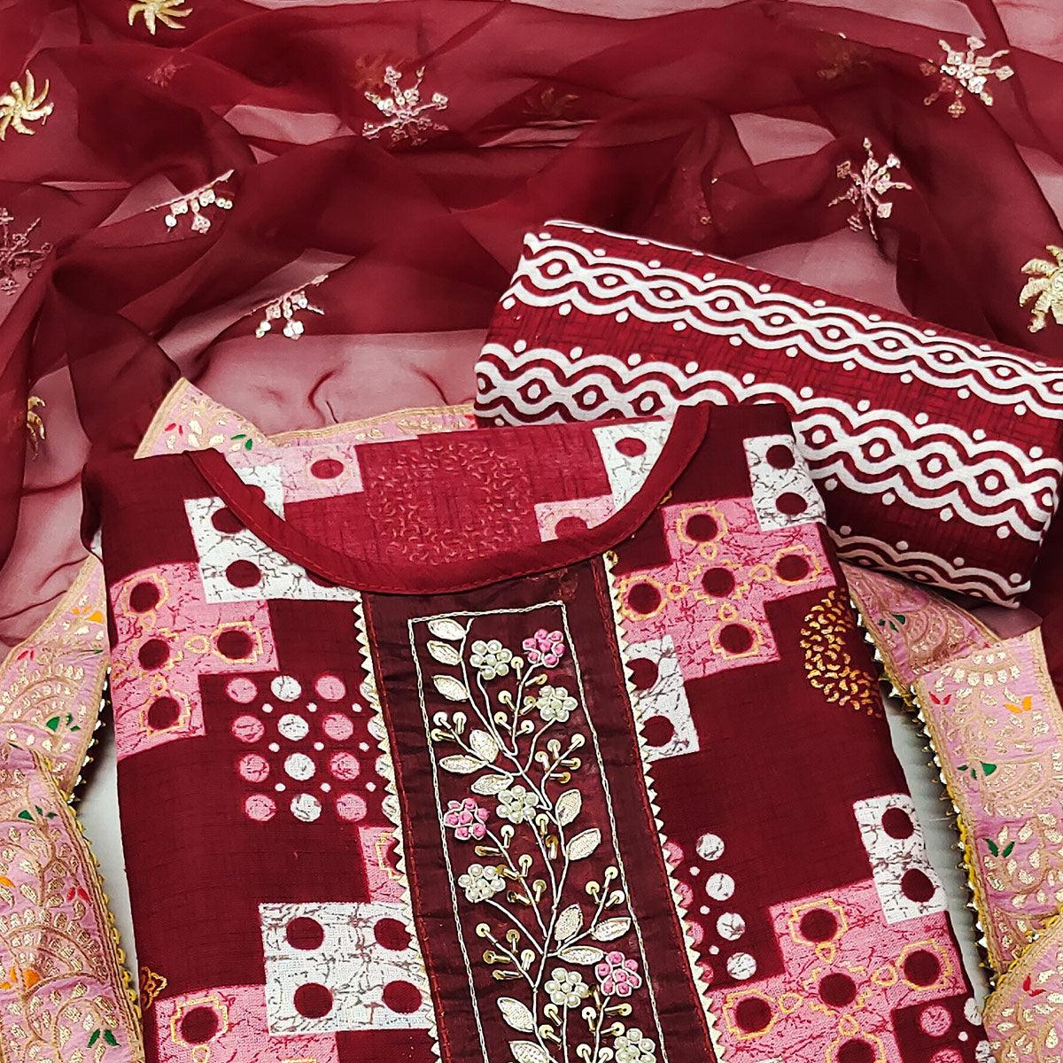 Maroon Printed With Embellished Cotton Blend Dress Material