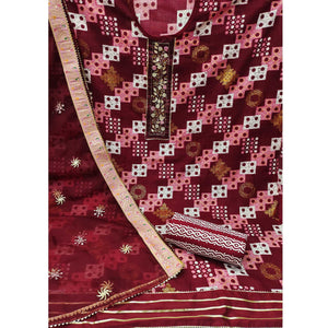 Maroon Printed With Embellished Cotton Blend Dress Material