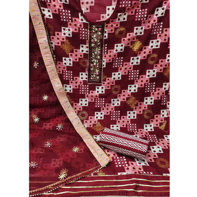 Maroon Printed With Embellished Cotton Blend Dress Material