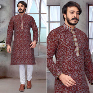 Maroon Printed Jacquard Kurta Pyjama Set