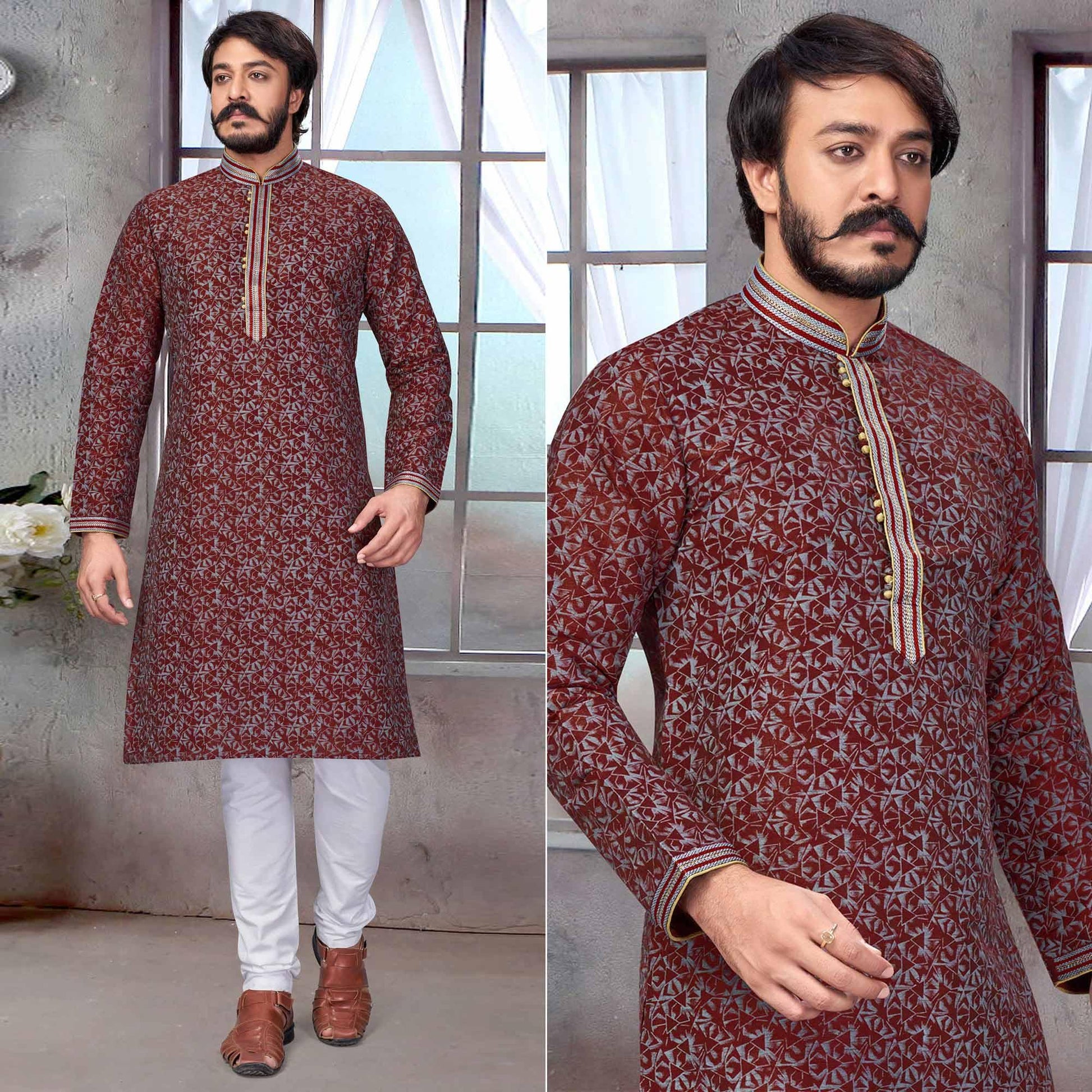 Maroon Printed Jacquard Kurta Pyjama Set