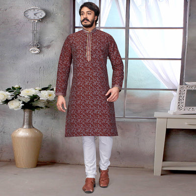 Maroon Printed Jacquard Kurta Pyjama Set