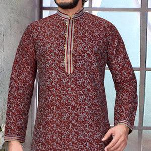 Maroon Printed Jacquard Kurta Pyjama Set