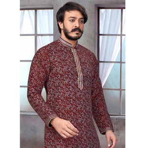 Maroon Printed Jacquard Kurta Pyjama Set
