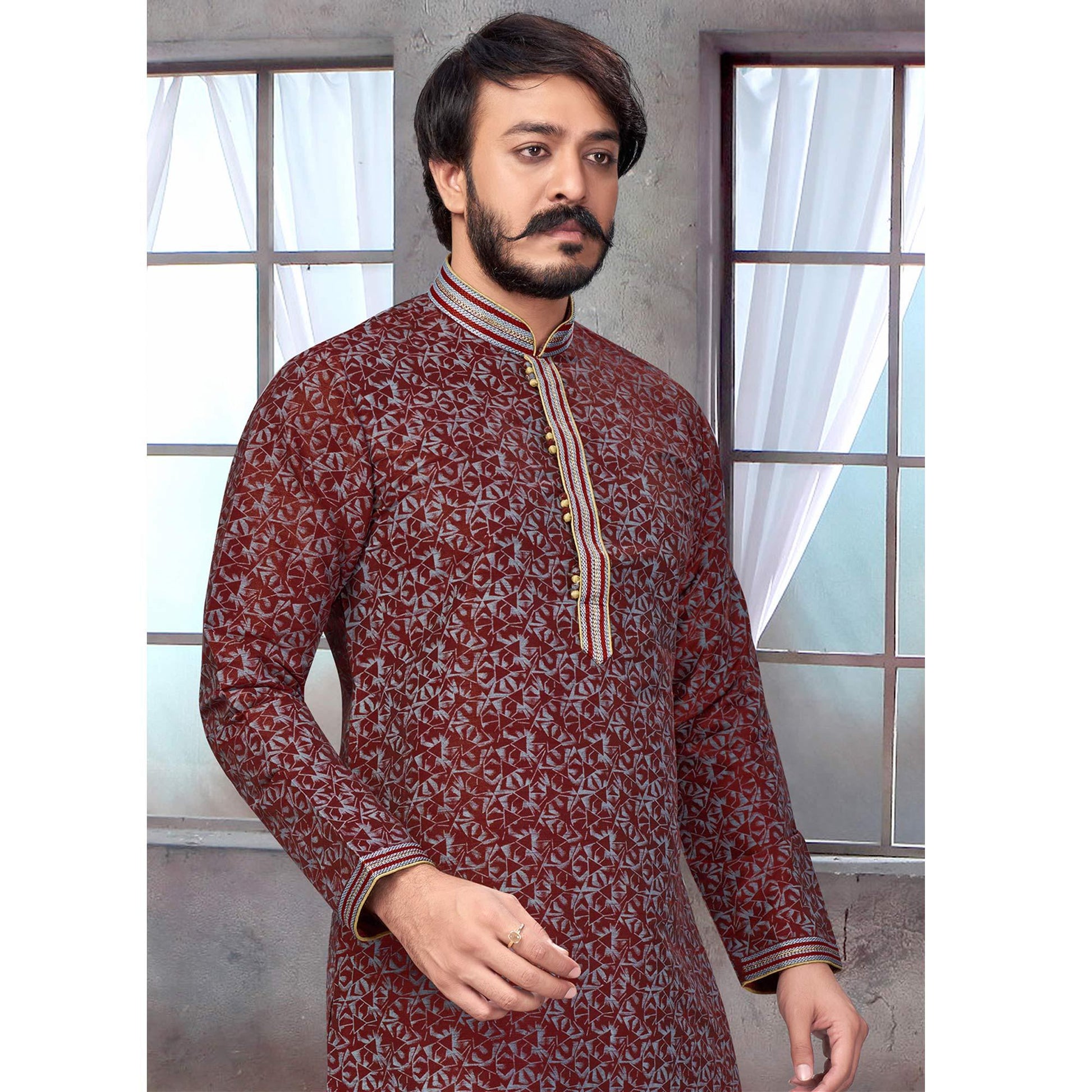Maroon Printed Jacquard Kurta Pyjama Set