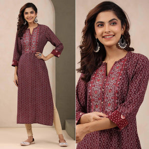 Maroon Printed With Embroidered Chanderi Kurti
