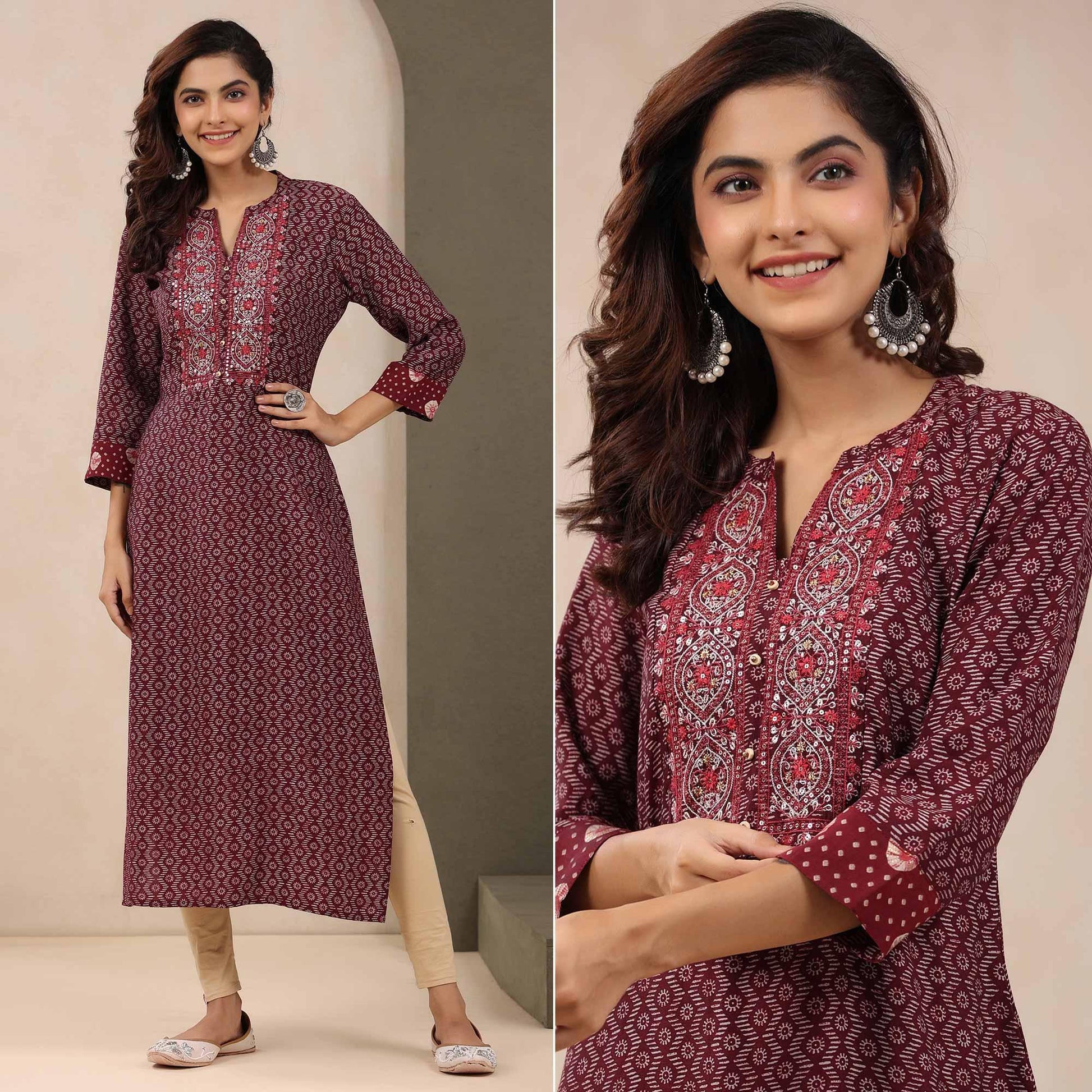 Maroon Printed With Embroidered Chanderi Kurti