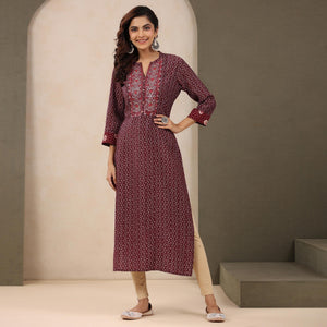 Maroon Printed With Embroidered Chanderi Kurti