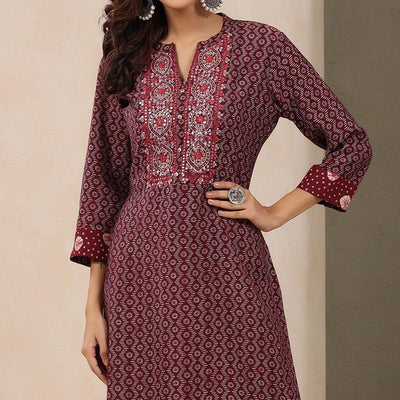 Maroon Printed With Embroidered Chanderi Kurti