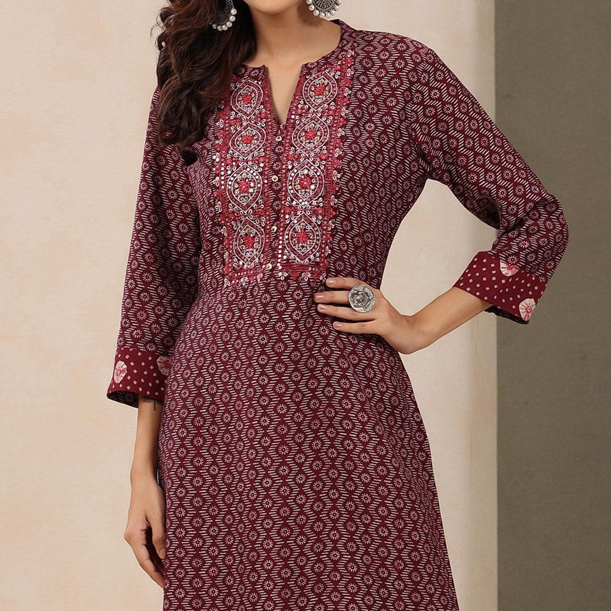 Maroon Printed With Embroidered Chanderi Kurti