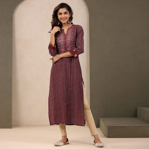 Maroon Printed With Embroidered Chanderi Kurti