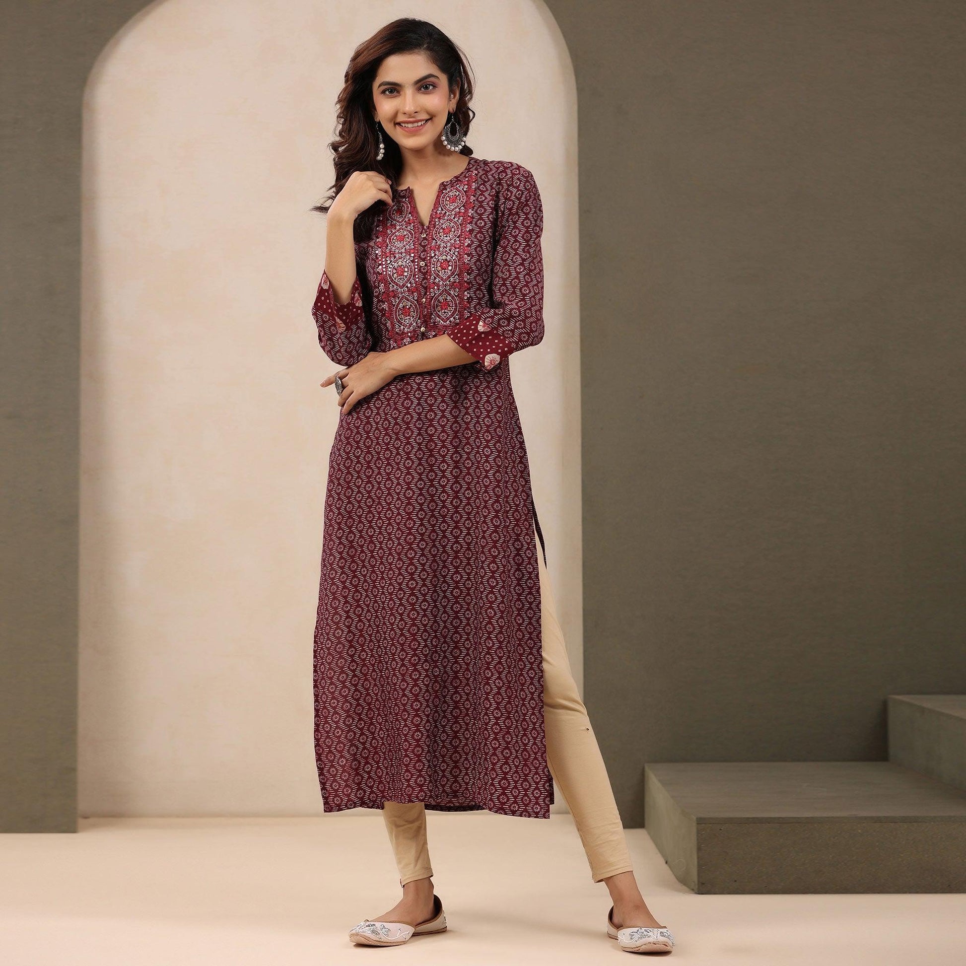 Maroon Printed With Embroidered Chanderi Kurti