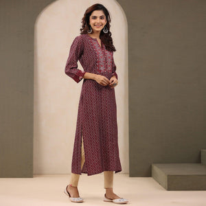 Maroon Printed With Embroidered Chanderi Kurti