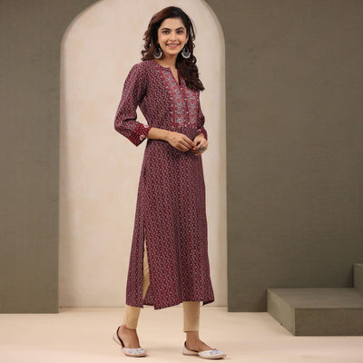Maroon Printed With Embroidered Chanderi Kurti