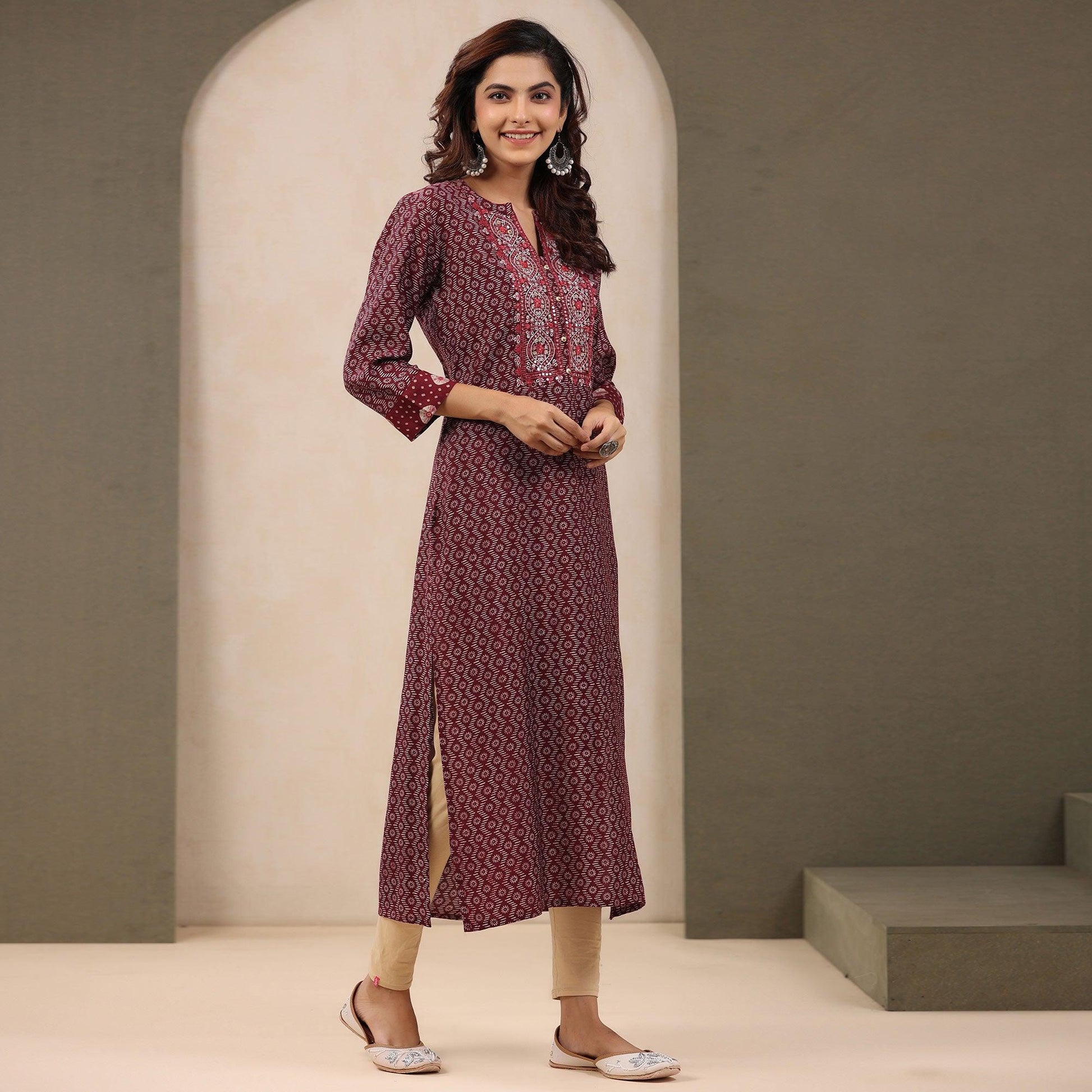 Maroon Printed With Embroidered Chanderi Kurti