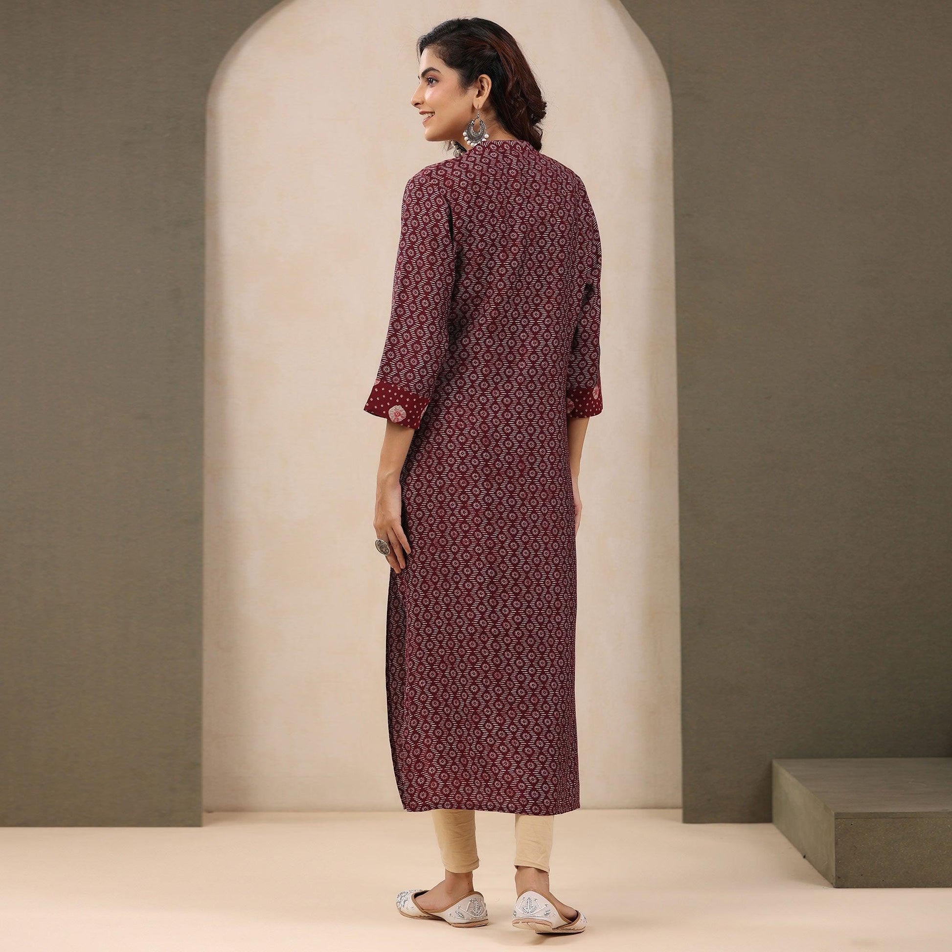 Maroon Printed With Embroidered Chanderi Kurti