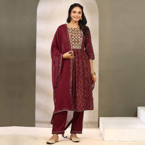 Maroon Printed With Embroidered Muslin Naira Cut Suit