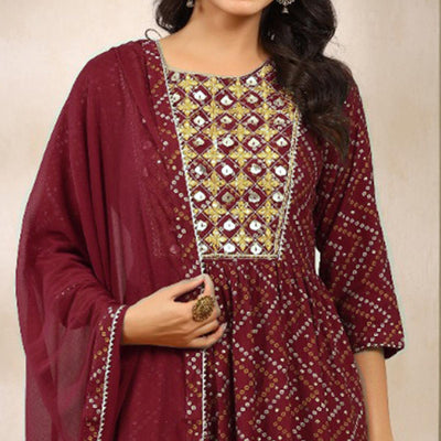 Maroon Printed With Embroidered Muslin Naira Cut Suit