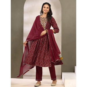Maroon Printed With Embroidered Muslin Naira Cut Suit