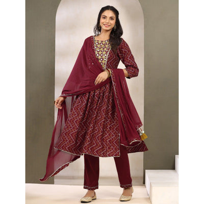 Maroon Printed With Embroidered Muslin Naira Cut Suit