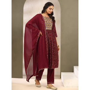 Maroon Printed With Embroidered Muslin Naira Cut Suit