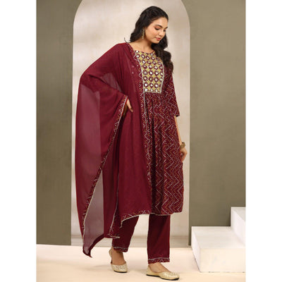 Maroon Printed With Embroidered Muslin Naira Cut Suit