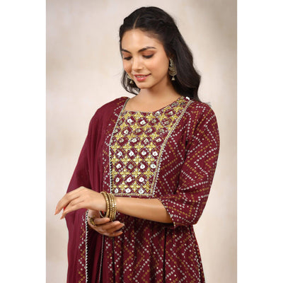Maroon Printed With Embroidered Muslin Naira Cut Suit