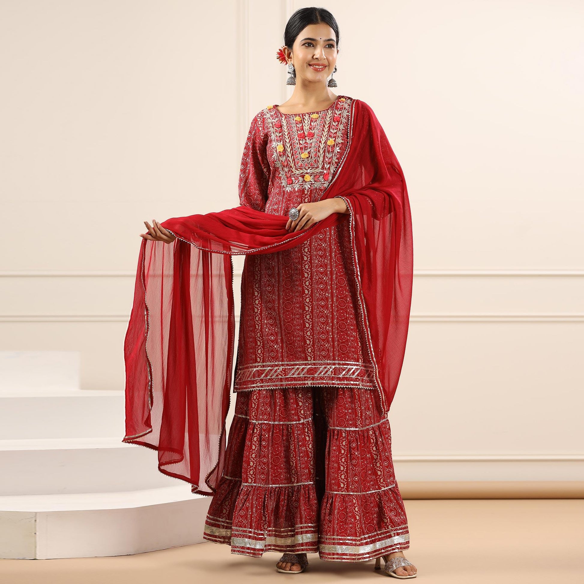 Maroon Printed With Embroidered Muslin Sharara Suit