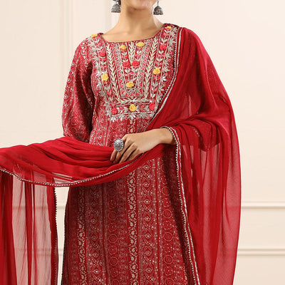 Maroon Printed With Embroidered Muslin Sharara Suit
