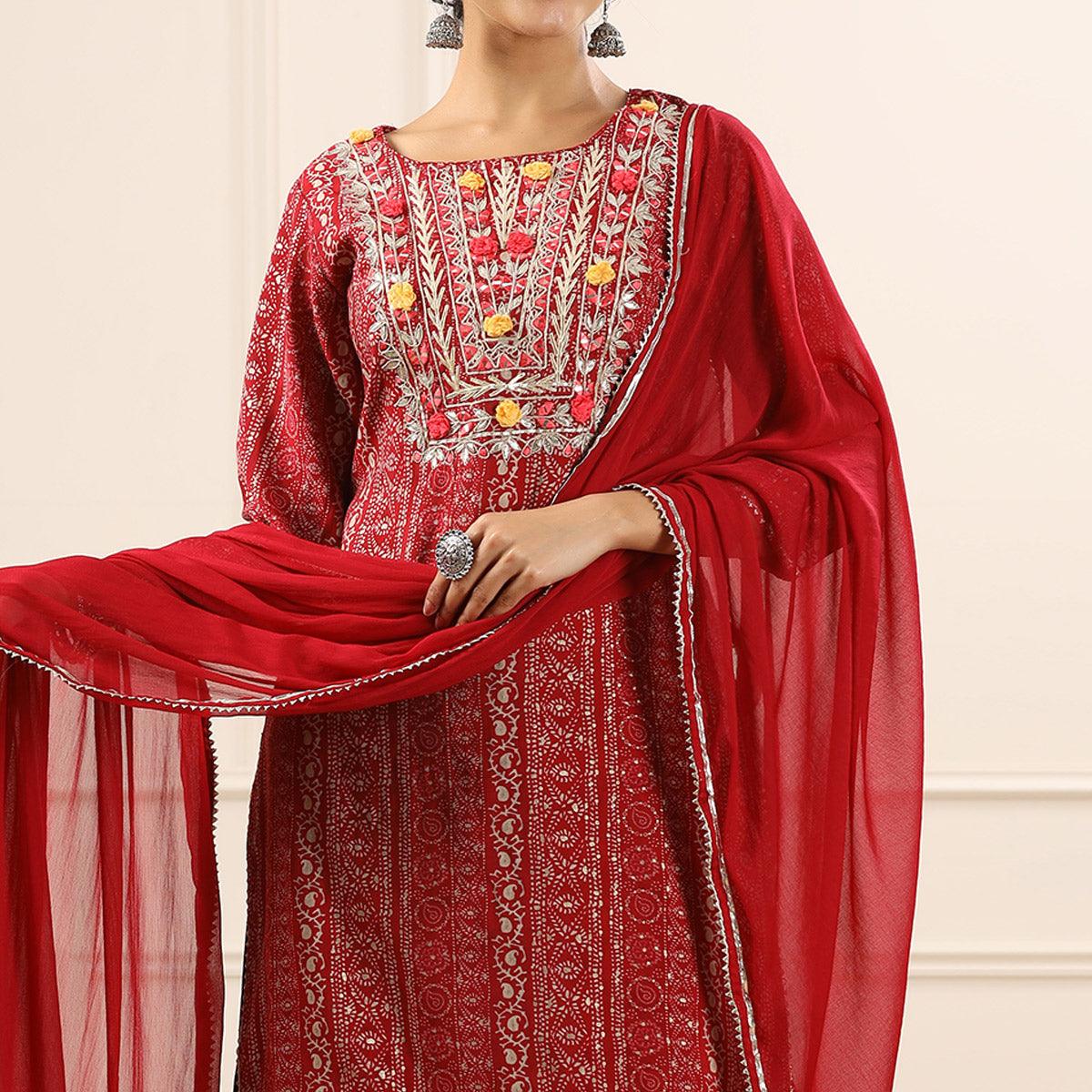 Maroon Printed With Embroidered Muslin Sharara Suit