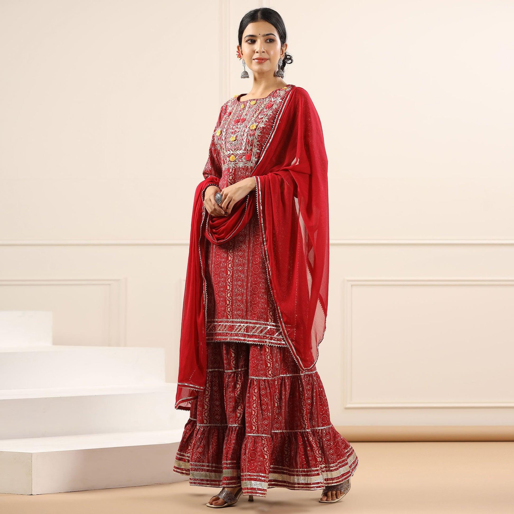 Maroon Printed With Embroidered Muslin Sharara Suit