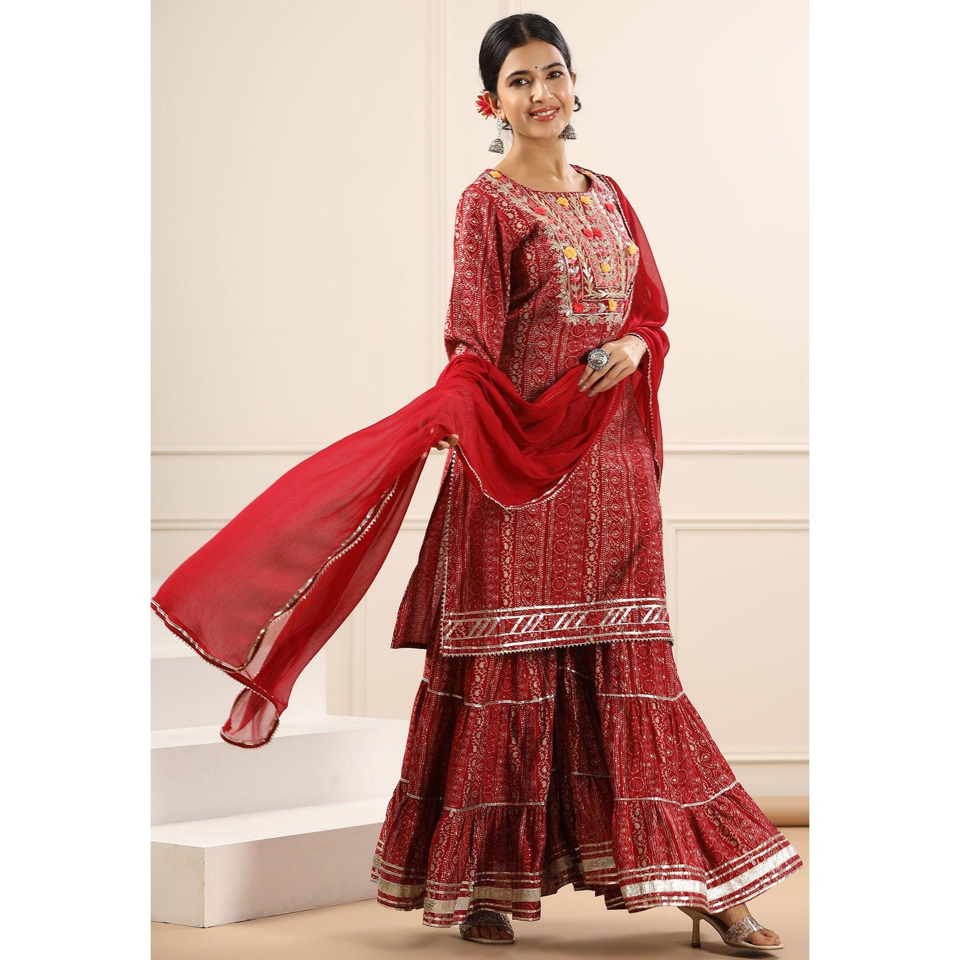 Maroon Printed With Embroidered Muslin Sharara Suit