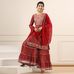 Maroon Printed With Embroidered Muslin Sharara Suit