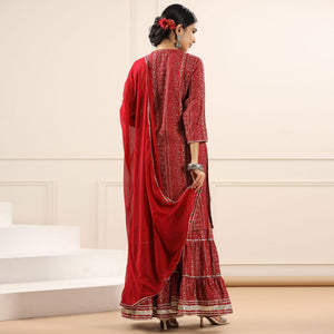 Maroon Printed With Embroidered Muslin Sharara Suit