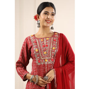 Maroon Printed With Embroidered Muslin Sharara Suit
