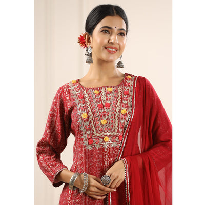 Maroon Printed With Embroidered Muslin Sharara Suit