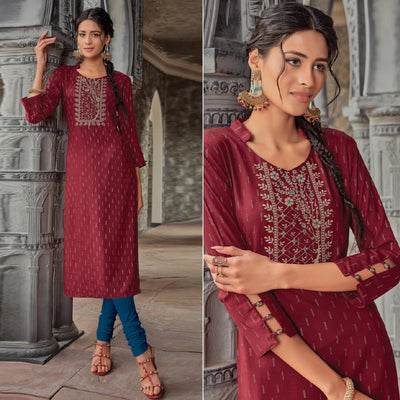 Maroon Printed With Embroidered Pure Cotton Kurti