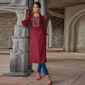 Maroon Printed With Embroidered Pure Cotton Kurti