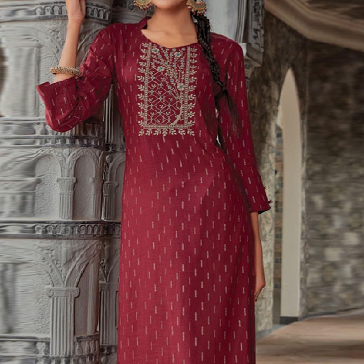 Maroon Printed With Embroidered Pure Cotton Kurti
