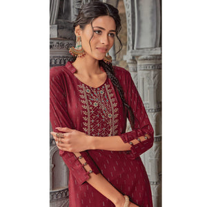 Maroon Printed With Embroidered Pure Cotton Kurti