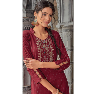 Maroon Printed With Embroidered Pure Cotton Kurti