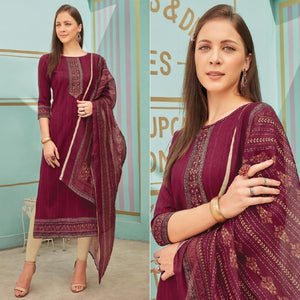 Maroon Printed With Embroidery Tapetta Silk Kurti With Dupatta
