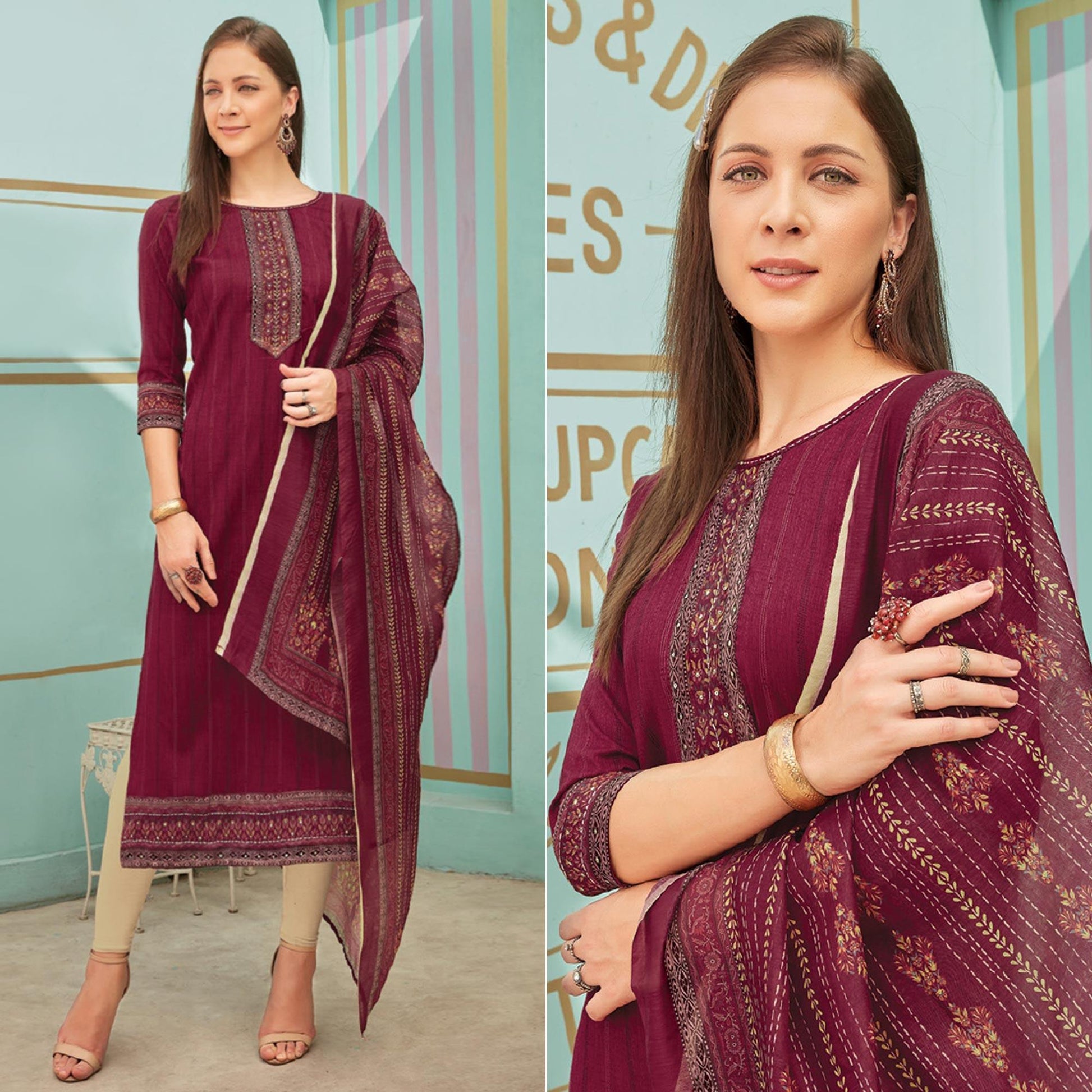 Maroon Printed With Embroidery Tapetta Silk Kurti With Dupatta