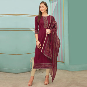 Maroon Printed With Embroidery Tapetta Silk Kurti With Dupatta